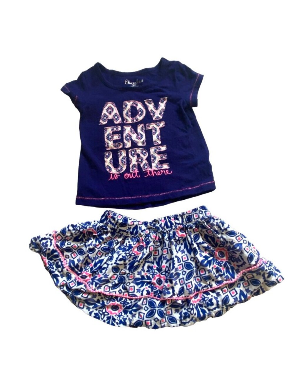 Cherokee Infant Girls Short Sleeve Skirt Outfit-Blue/Pink-Size 12 Months-GUC